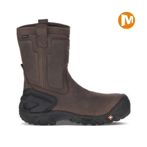 Merrell Strongfield Leather Pull On Waterproof Comp Toe Mens Work Boots Chocolate UK.LOYX